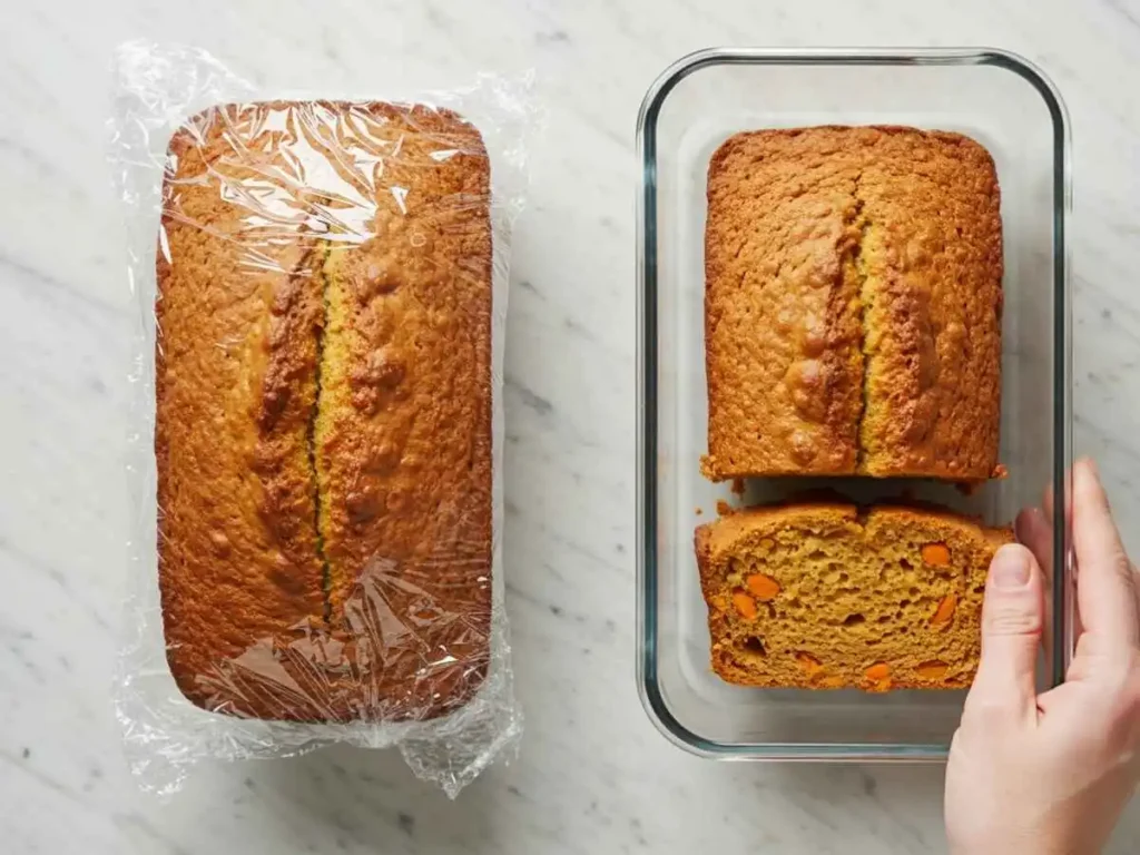 Cómo conservar el pan de zanahoria, envolviéndolo en plástico film y guardándolo en un recipiente hermético.