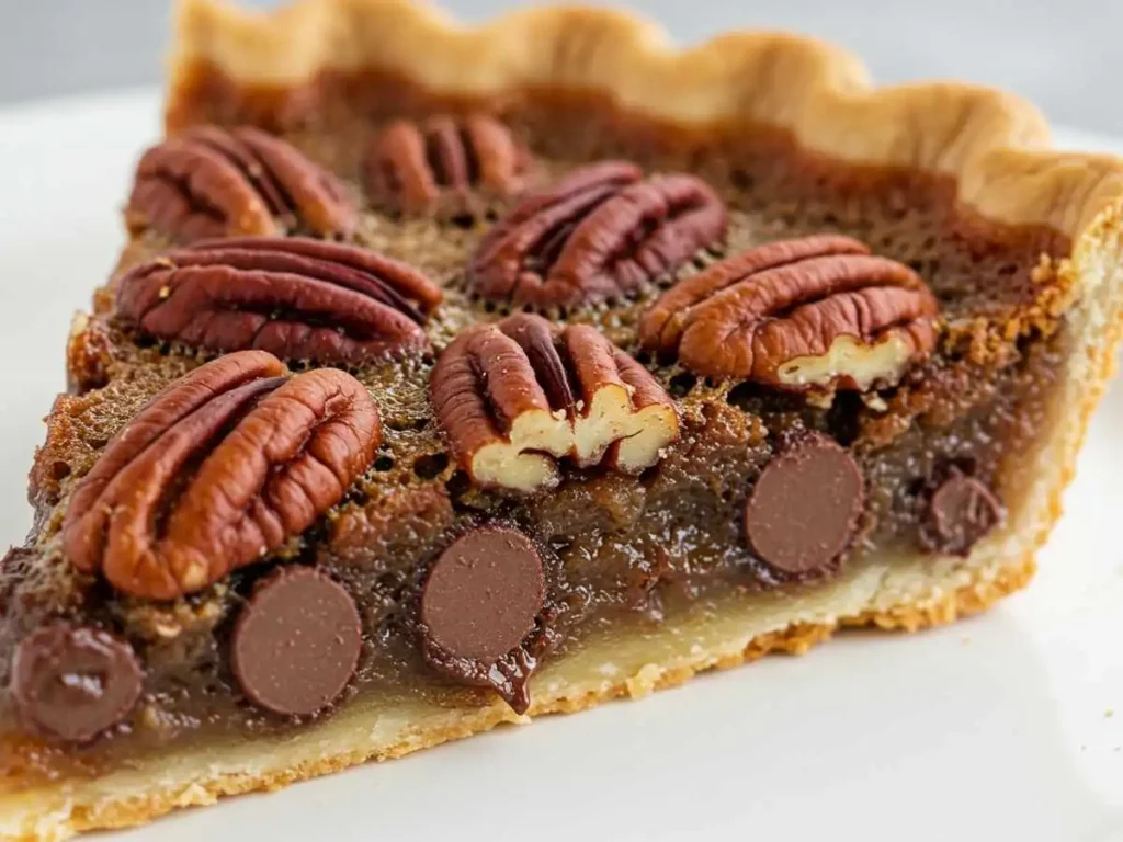 Rebanada de pay de nuez con chispas de chocolate derretidas visibles.