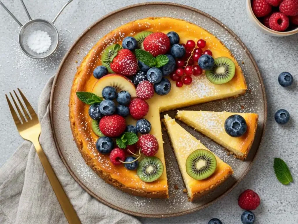 Pay de queso decorado con frutas y azúcar glass
