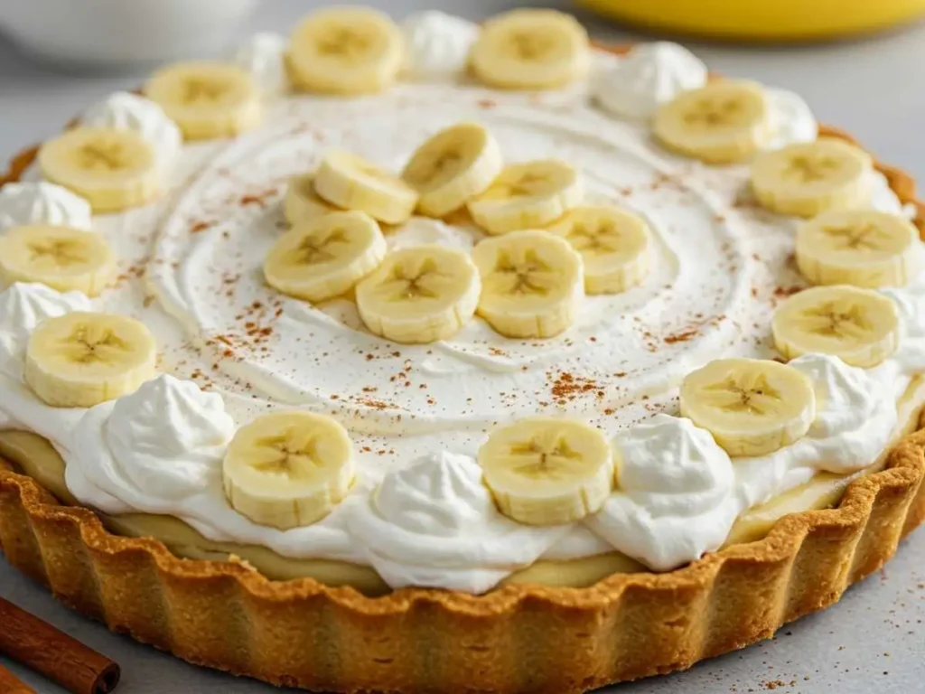 Pay de plátano terminado con crema batida y rodajas de plátano decorativas