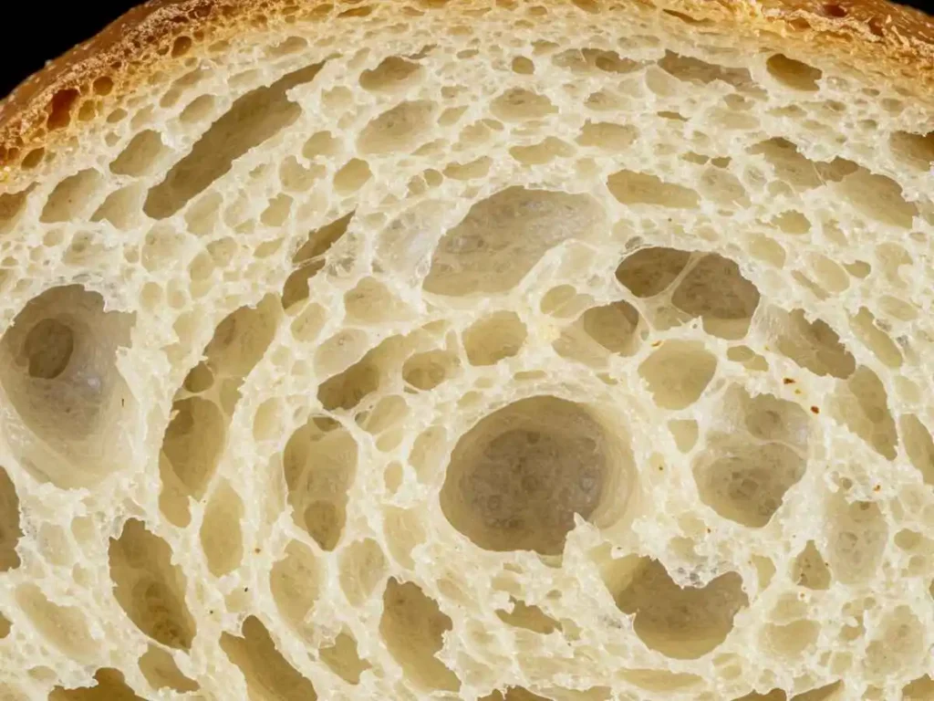 Primer plano de una rebanada de pan blanco casero mostrando una miga extremadamente suave, esponjosa y aireada.