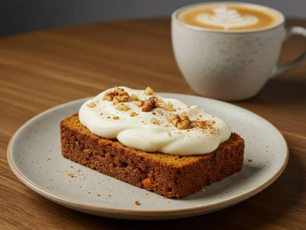 Rebanada de pan de zanahoria servida en un plato con un generoso glaseado de queso crema y una taza de café al lado.