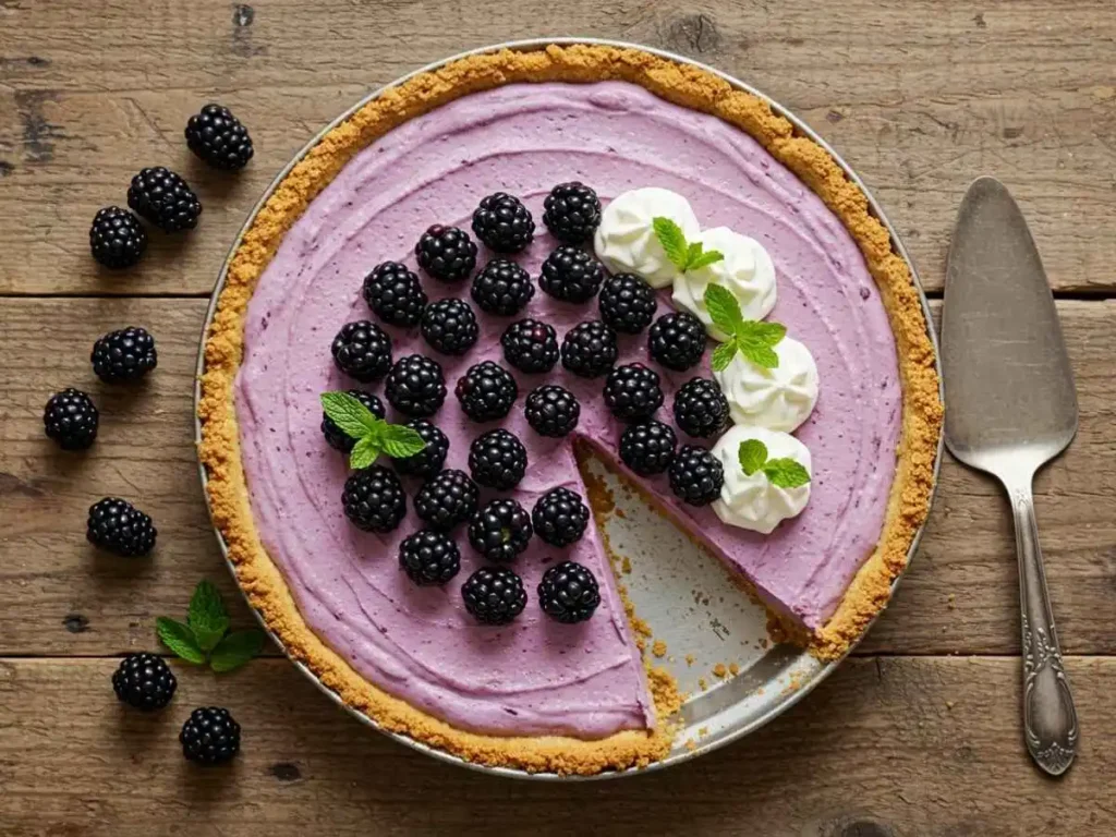 Pay de zarzamora cremoso casero sin hornear con decoración de frutas frescas