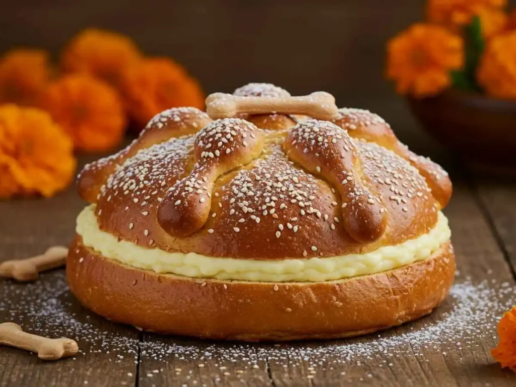 Pan de muerto relleno casero con crema pastelera y decoración tradicional de azúcar glass