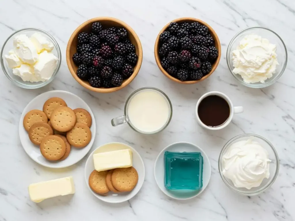 Ingredientes frescos para pay de zarzamora: queso crema, zarzamoras, leche condensada y galletas
