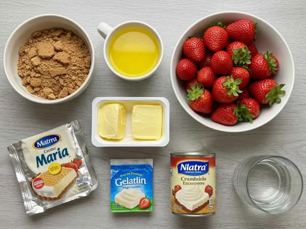 Ingredientes frescos para preparar pay de fresa casero