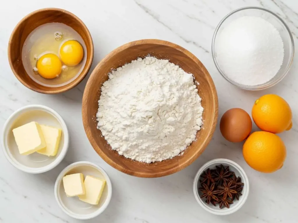 Ingredientes para masa de pan de muerto: harina, huevos, mantequilla, levadura y especias