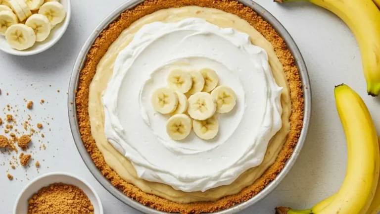 Pay de plátano casero cremoso con base de galletas y decoración de plátano fresco
