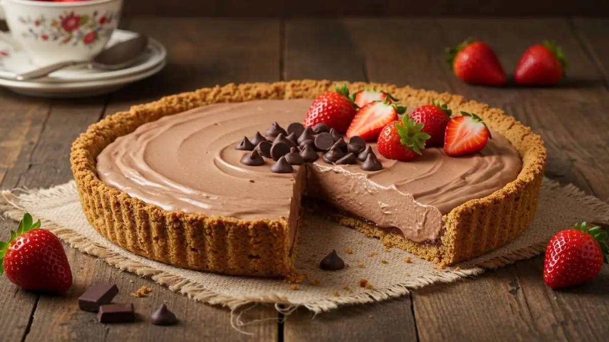 Pay de chocolate cremoso casero con decoración de chispas y fresas sobre mesa de madera