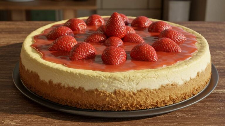 Pay de queso casero cremoso decorado con fresas frescas