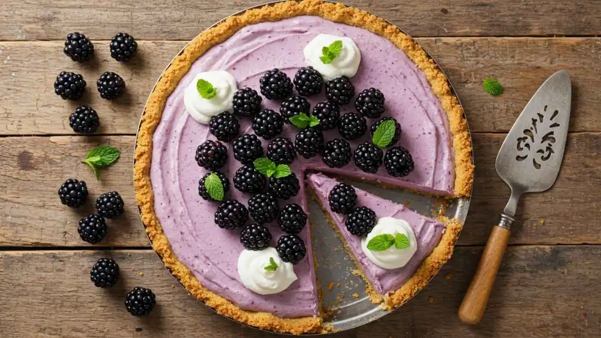 Pay de zarzamora cremoso casero sin hornear con decoración de frutas frescas