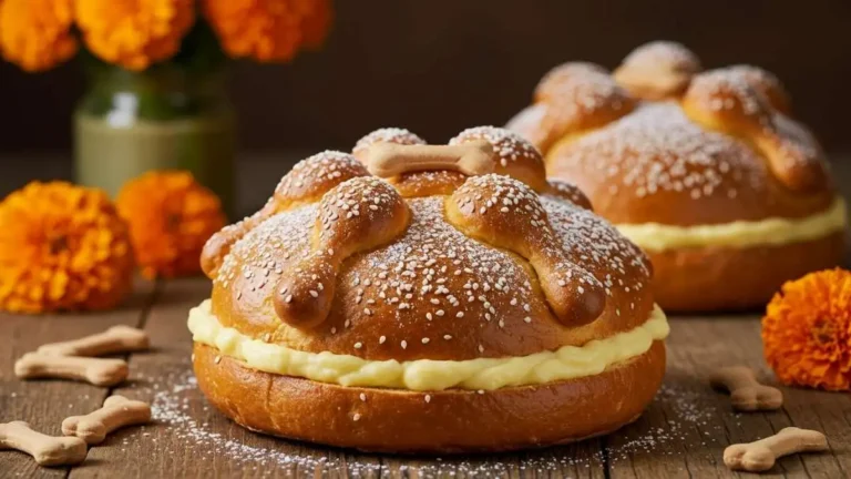 Pan de muerto relleno casero con crema pastelera y decoración tradicional de azúcar glass