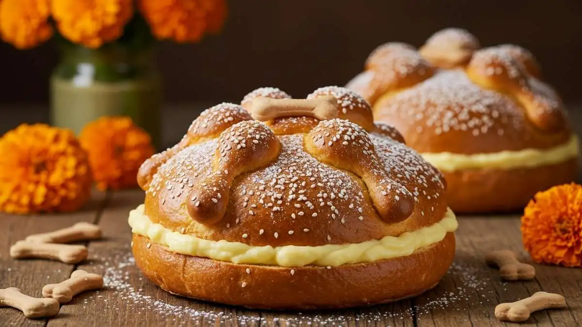 Pan de muerto relleno casero con crema pastelera y decoración tradicional de azúcar glass