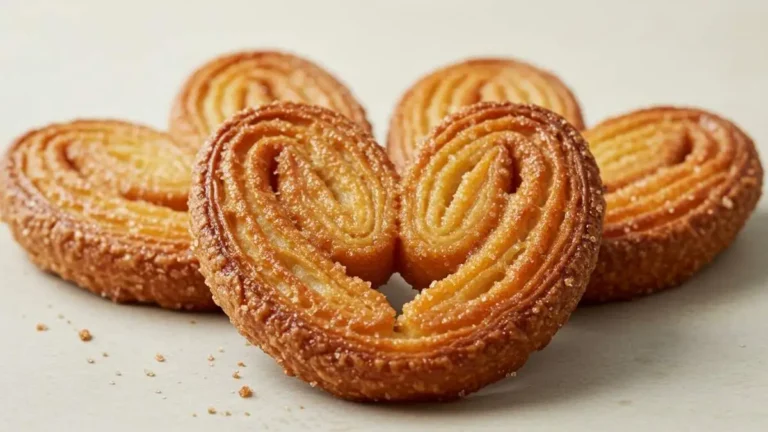 Varias orejas pan de hojaldre dulce mostrando sus capas características.
