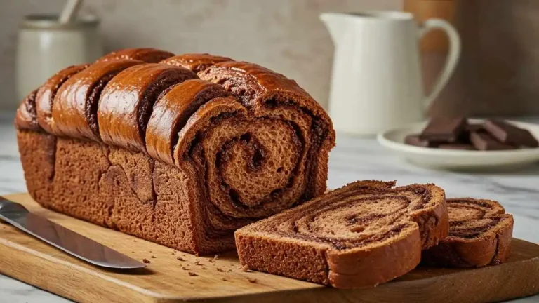 Primer plano de un pan de chocolate casero rebanado, mostrando su miga esponjosa y trozos de chocolate derretido.
