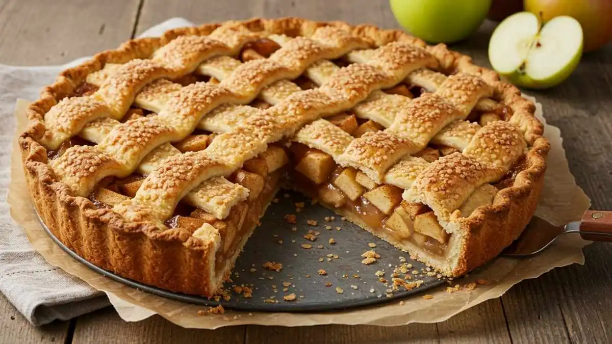 Pay de manzana casero con masa de celosía dorada y relleno jugoso, listo para servir.