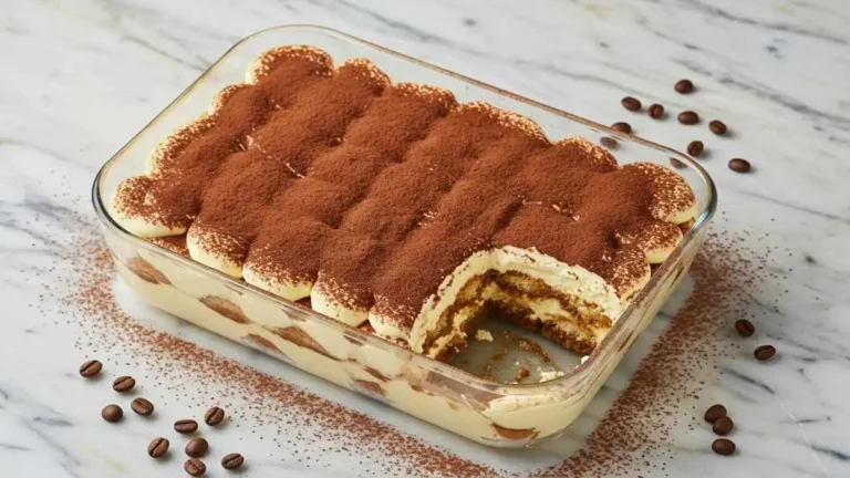 Pastel de tiramisú casero sin horno con capas perfectas y cacao espolvoreado